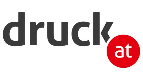 Logo mit dem Wort „Druck“ in Schwarz und „at“ in Weiß in einem roten Kreis für eine Full-Service-Werbeagentur.