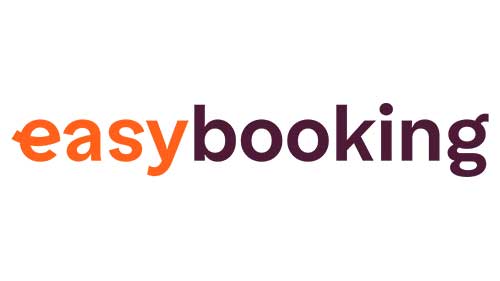Der Schriftzug easybooking von der Full-Service-Werbeagentur, mit easy in Orange und booking in Lila.