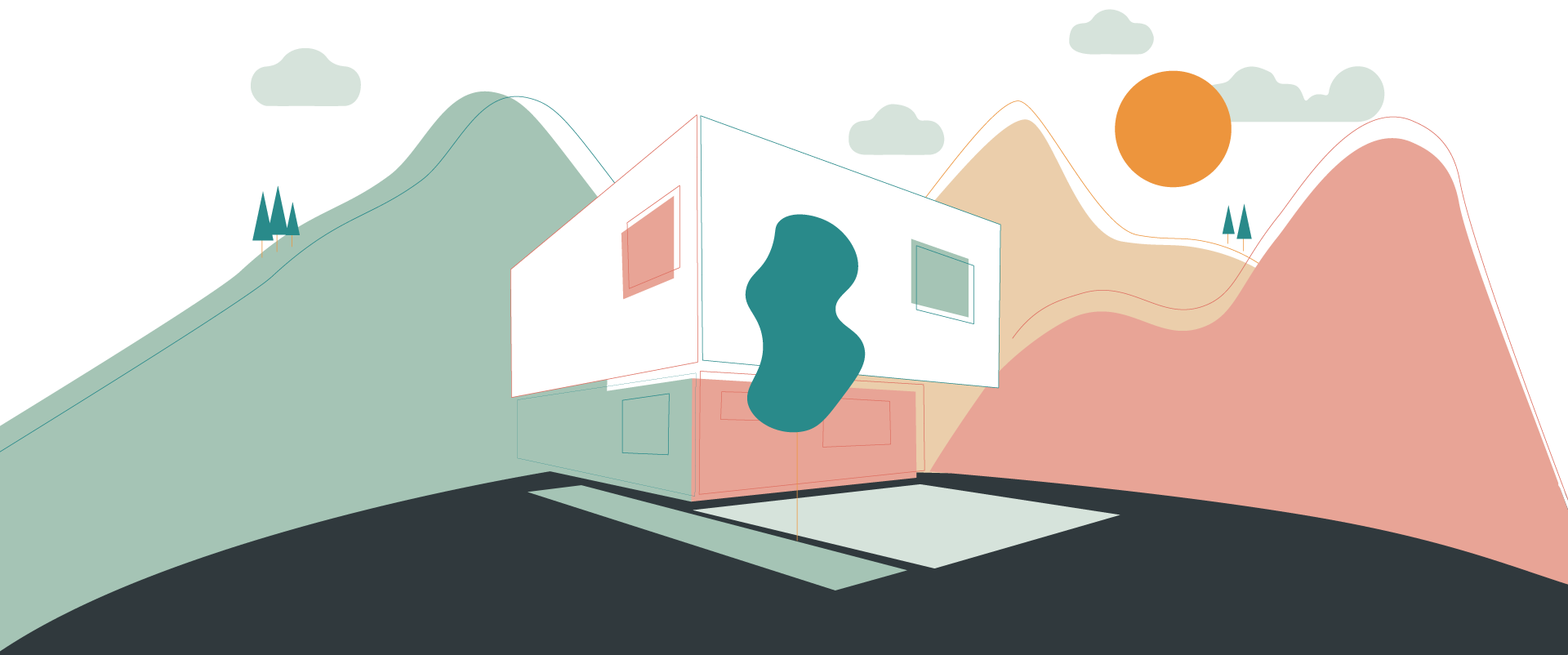 Minimalistische Illustration eines modernen Hauses für eine Werbeagentur in Tirol, mit Hügeln und einer orangefarbenen Sonne.