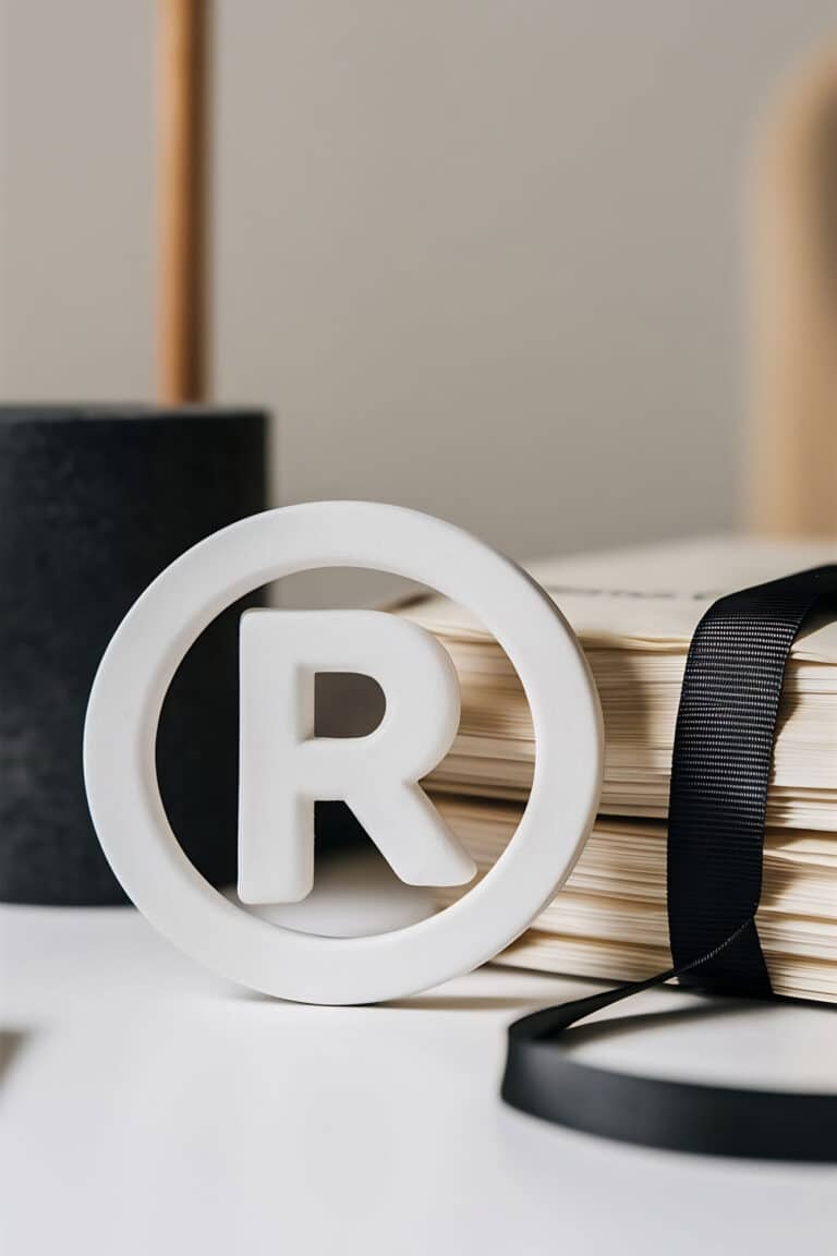 Weißes eingetragenes Markensymbol neben einem Bücherstapel, ideal für Display-Werbung.