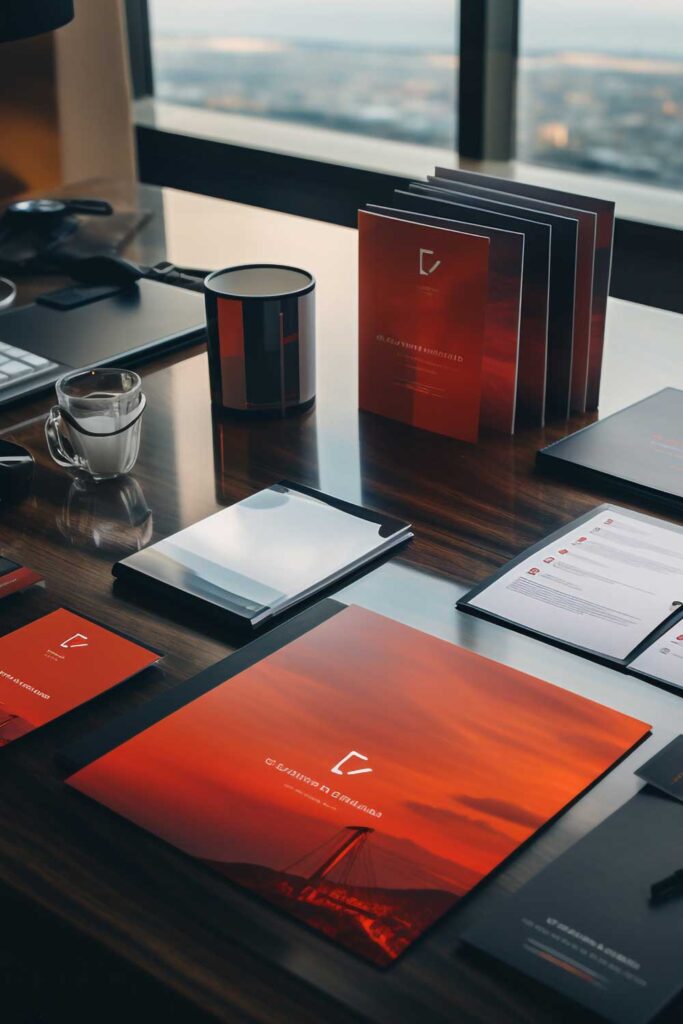 Rotes und schwarzes Marken-Briefpapier, perfekt für stilvolle Display-Werbung, auf einem Holztisch.