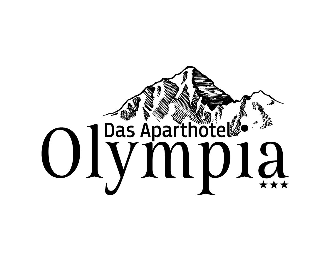 Das Aparthotel Olympia Logo mit Bergillustration und drei Sternen.