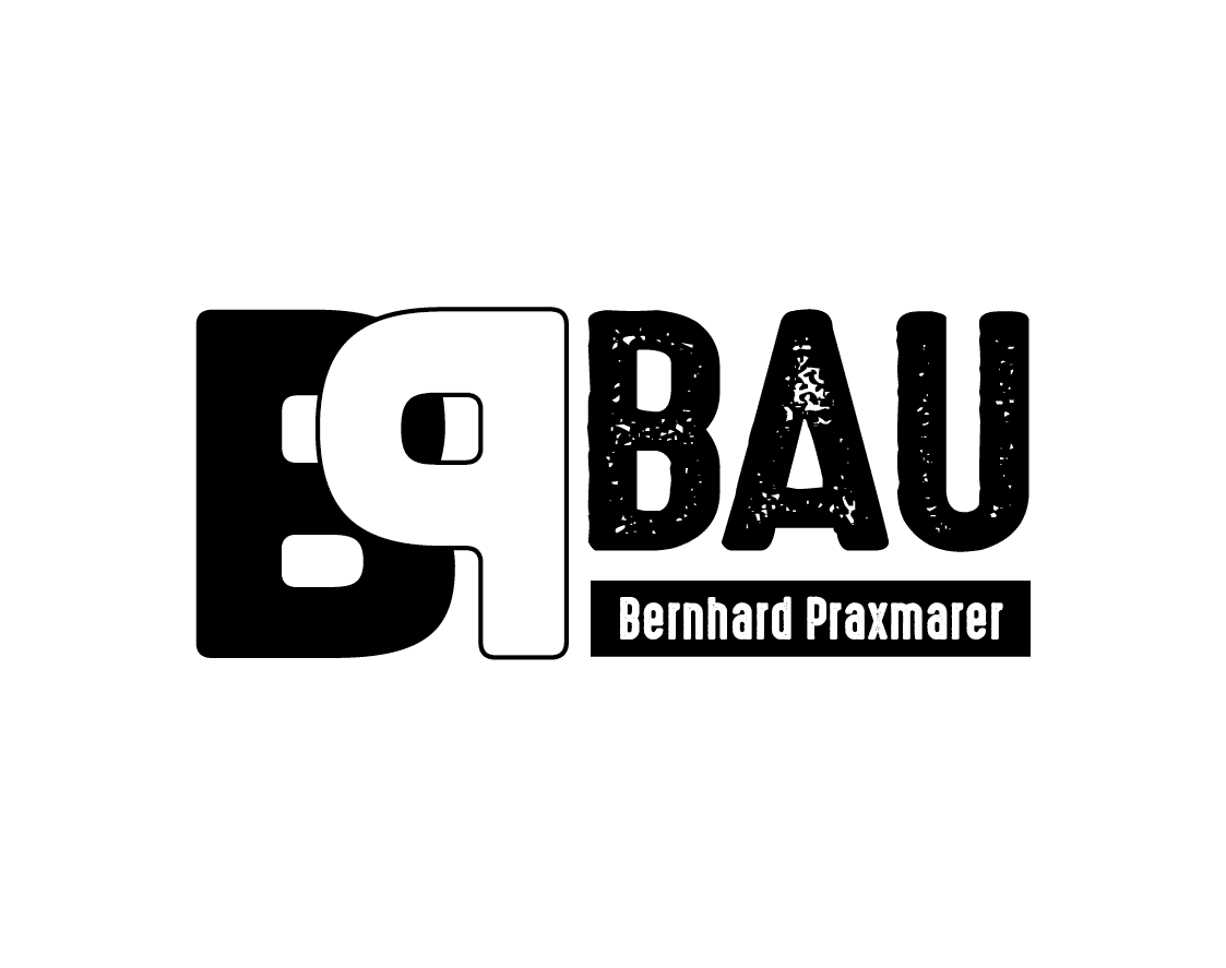 Logo mit großer BP, fettgedruckter BAU und Bernhard Praxmarer in einem rechteckigen Kasten.