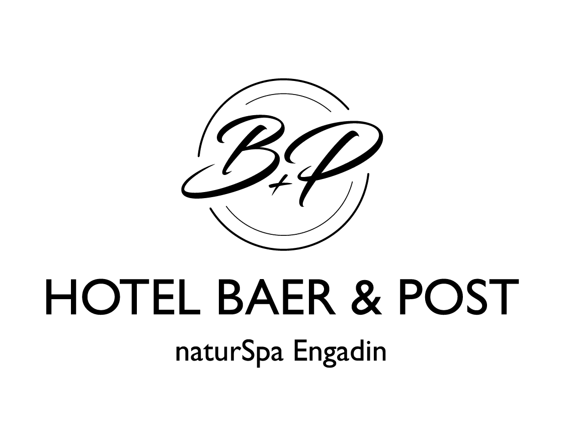 Logo mit der Aufschrift B+P HOTEL BAER & POST naturSpa Engadin auf weissem Hintergrund.