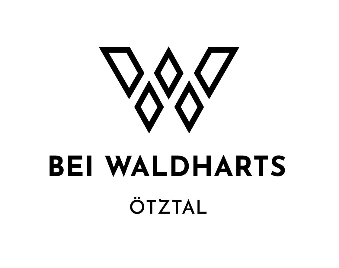 Geometrisches schwarzes W-Logo über dem Text BEI WALDHARTS ÖTZTAL auf weißem Hintergrund.