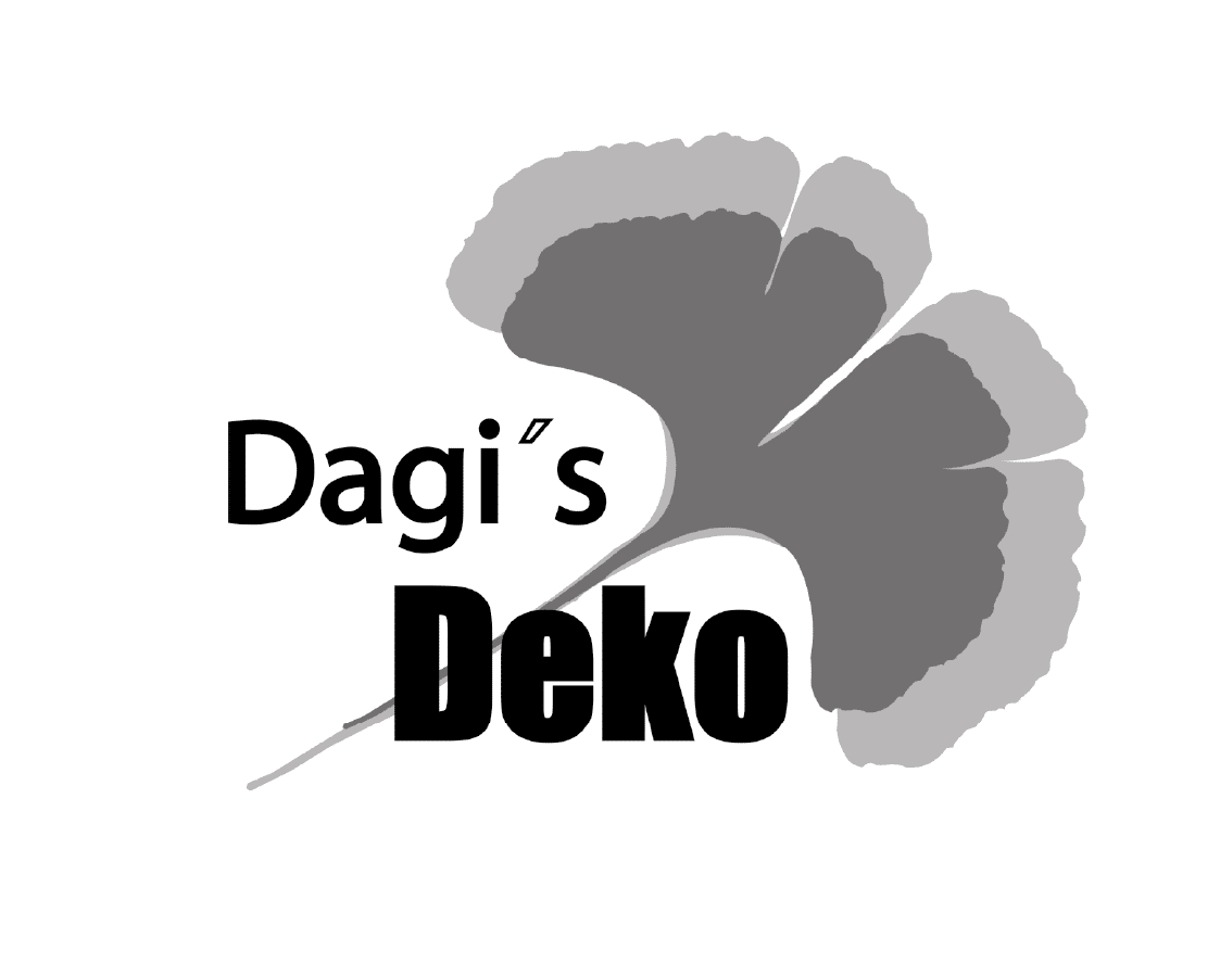 Logo mit Dagis Deko-Text über einer stilisierten Ginkgo-Blatt-Illustration.