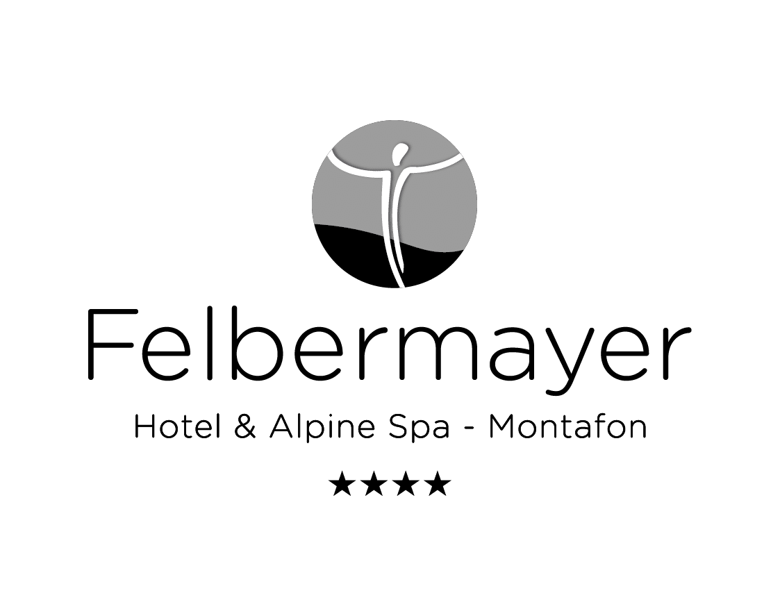 Logo für Felbermayer Hotel & Alpine Spa Montafon mit vier Sternen und abstrakter Figur.