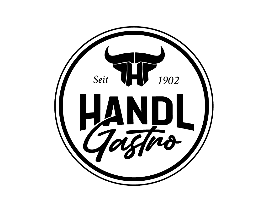 Ein schwarz-weißes Logo mit einem Stierkopf und dem Text HANDL Gastro, Seit 1902.
