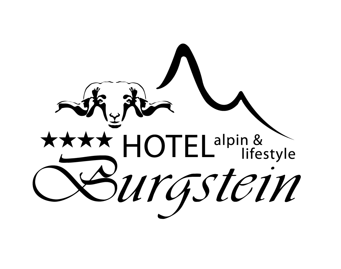 Logo mit einem Widder, Bergumriss und Text: Hotel Burgstein alpin & lifestyle, vier Sterne.