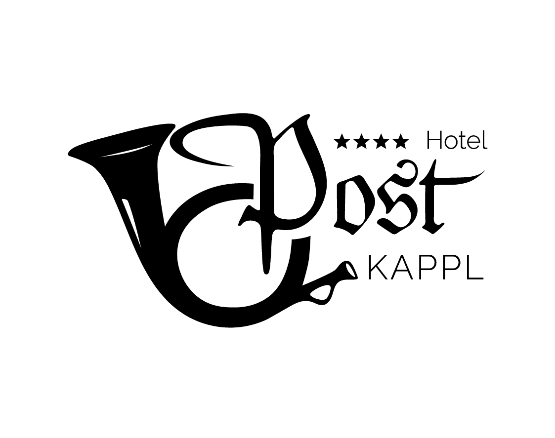 Logo für das Hotel Post Kappl mit einem stilisierten Horn und vier Sternen.