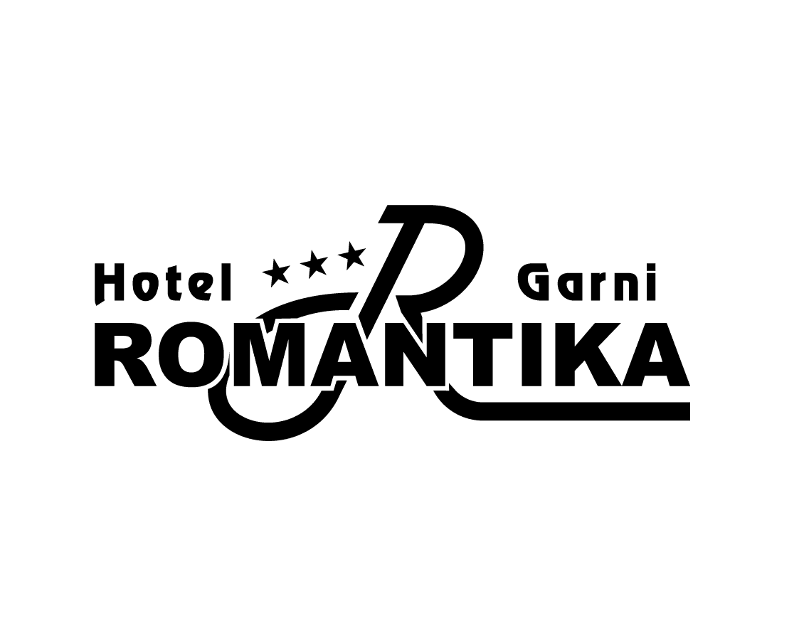 Logo mit der Aufschrift Hotel Garni ROMANTIKA mit vier Sternen und einem großen stilisierten R hinter dem Text.