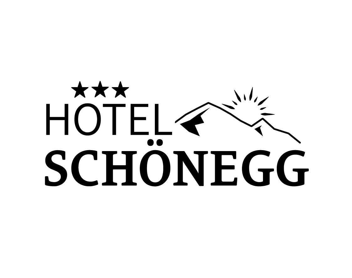 Logo des Hotels Schönegg mit drei Sternen, einem Bergumriss und einem Sonnenschliffmuster.