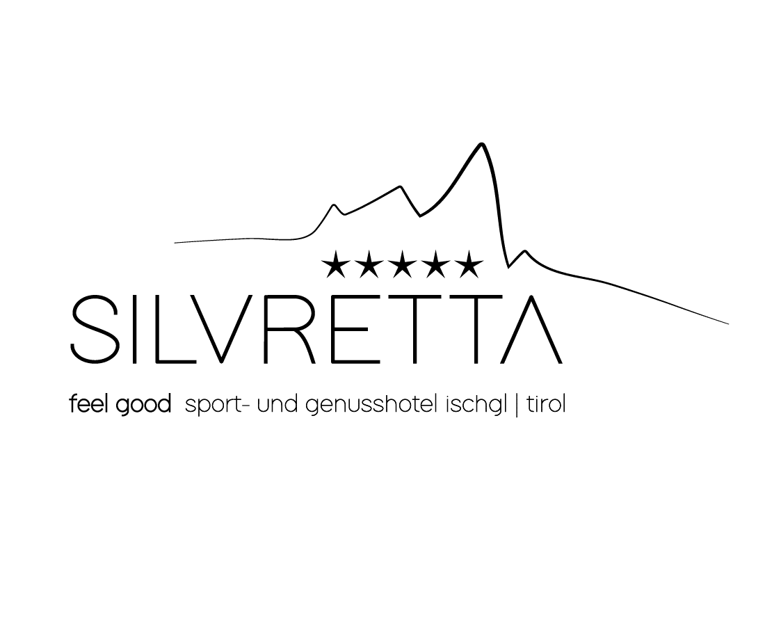 Minimalistisches Silvretta-Hotel-Logo mit Bergumriss, fünf Sternen und Text in Deutsch.