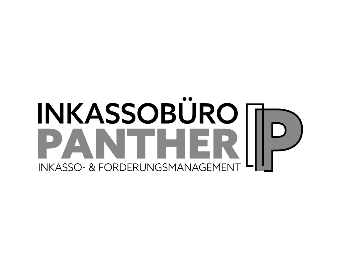 Logo für das Inkassobüro Panther mit großem P und deutschem Text über Sammlungsmanagement.