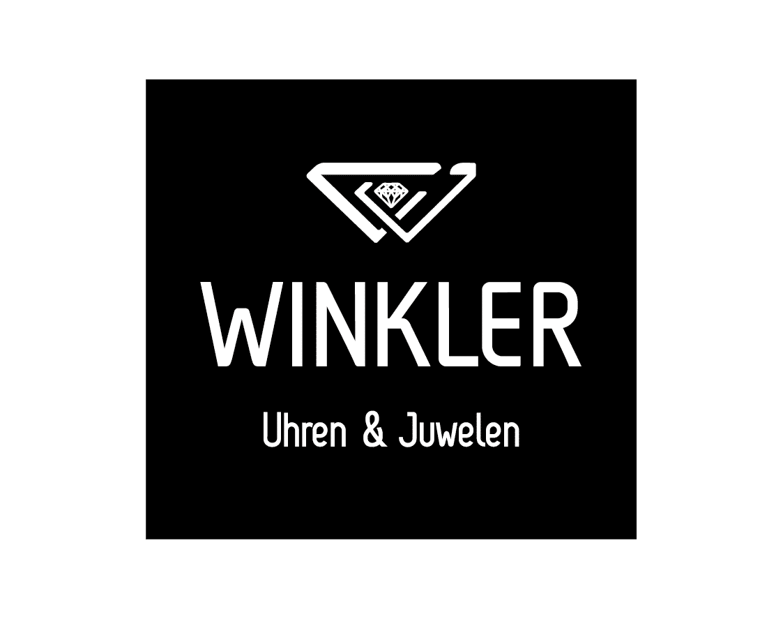 Schwarzes Logo mit Rautensymbol, Text: WINKLER Uhren & Juwelen in weißer Schrift.