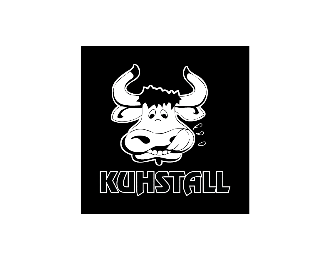 Cartoon-Kuhkopf mit herausgestreckter Zunge über dem Wort KUHSTALL auf schwarzem Hintergrund.