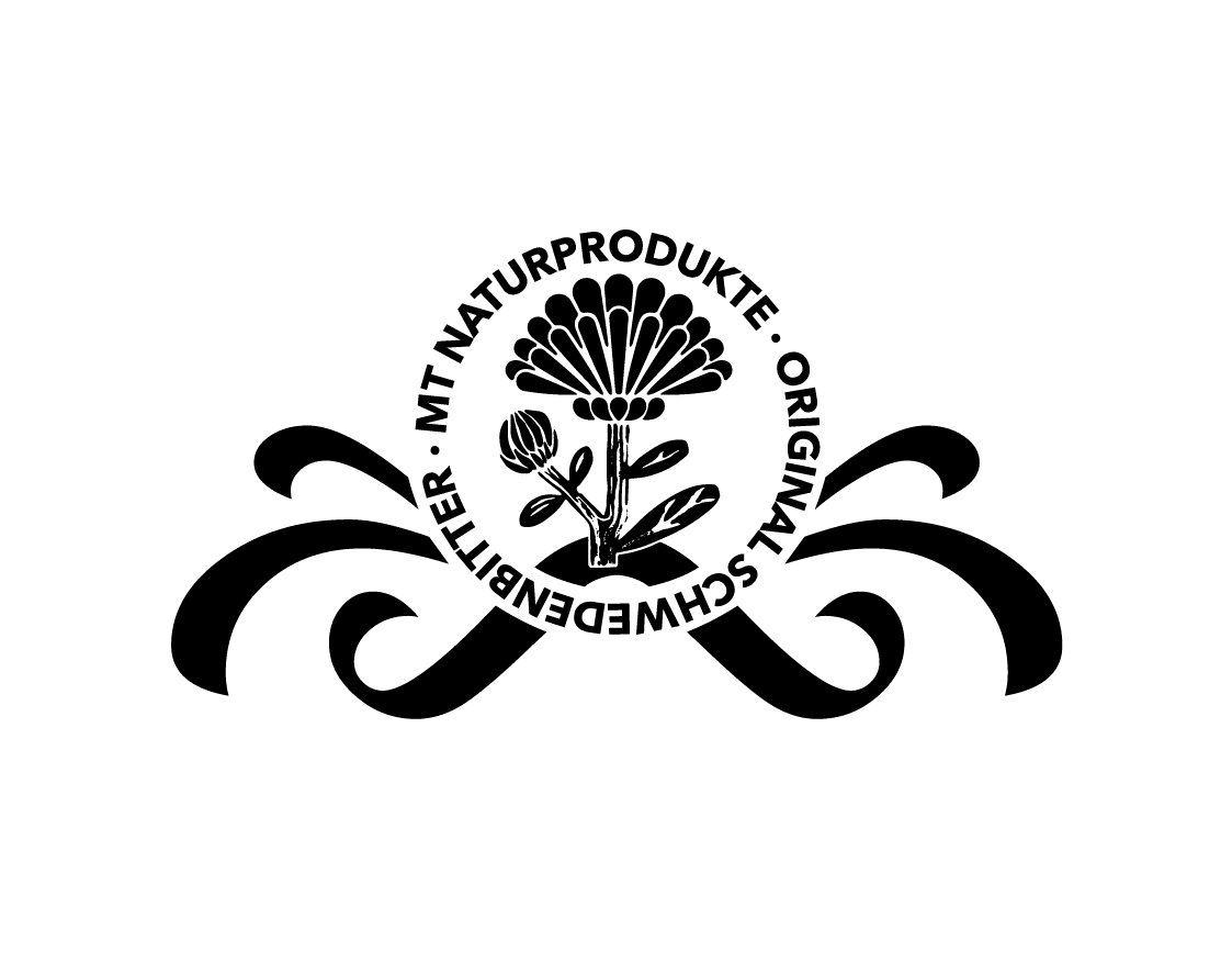 Schwarzes florales Logo mit deutschem Text in einem Kreis und dekorativen Wirbeln auf jeder Seite.