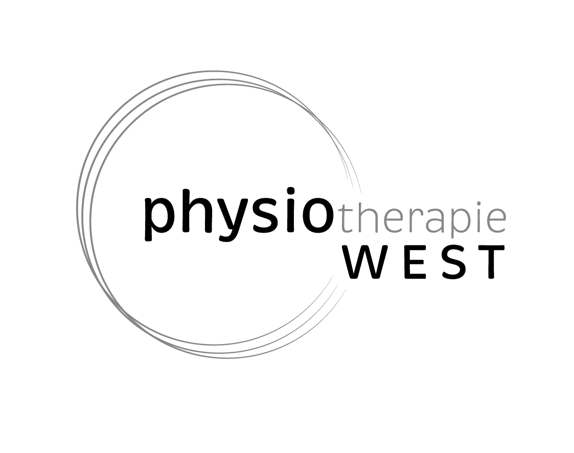 Logo mit dem Text: Physiotherapie WEST innerhalb sich überlappender kreisförmiger Linien auf hellem Hintergrund.