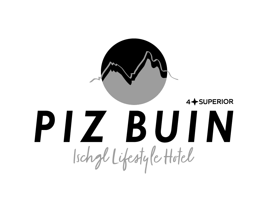 Piz Buin Logo mit Berggrafik und Ischgl Lifestyle Hotel 4★Superior Text.