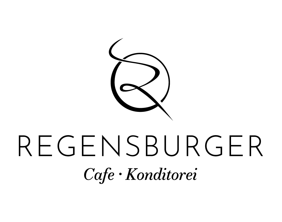 Logo mit einem stilisierten R über dem Text REGENSBURGER Cafe - Konditorei auf weißem Hintergrund.