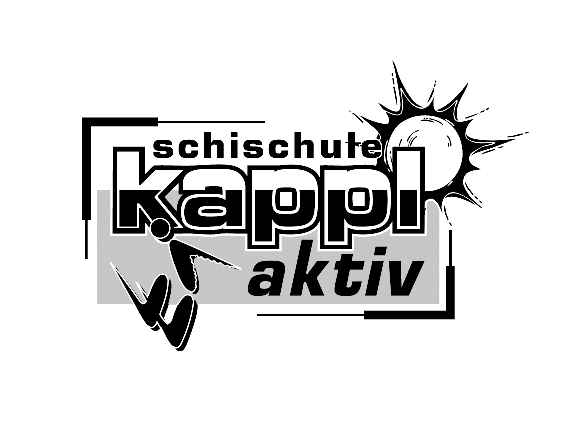 Logo der Schischule Kappl aktiv mit einer Sonne und einer Skifahrergrafik in Schwarz und Weiß.