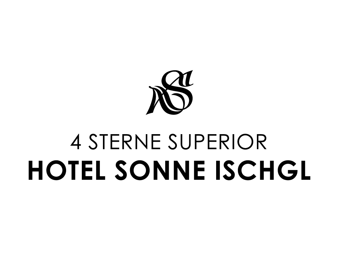 Logo mit verschnörkeltem S und Text: 4 Sterne Superior Hotel Sonne Ischgl auf weißem Hintergrund.