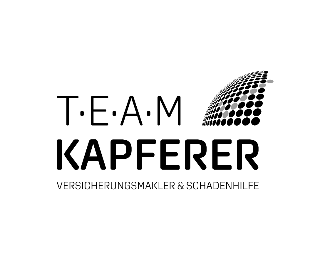 TEAM KAPFERER Logo mit gepunkteter Kugel und deutschem Text Versicherungsmakler & Schadenhilfe.