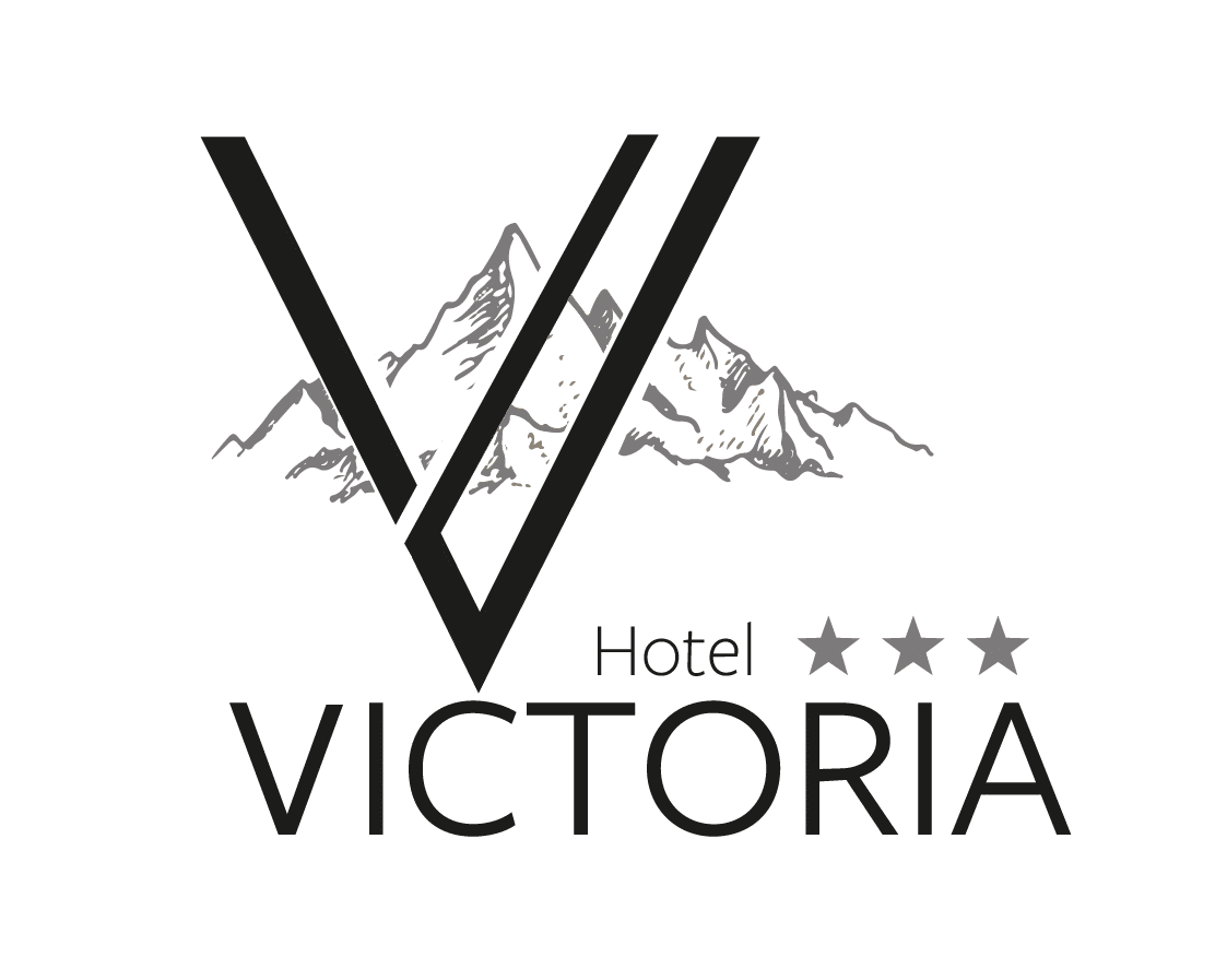Logo für das Hotel Victoria mit Bergen, großem V und drei Sternen über dem Text.